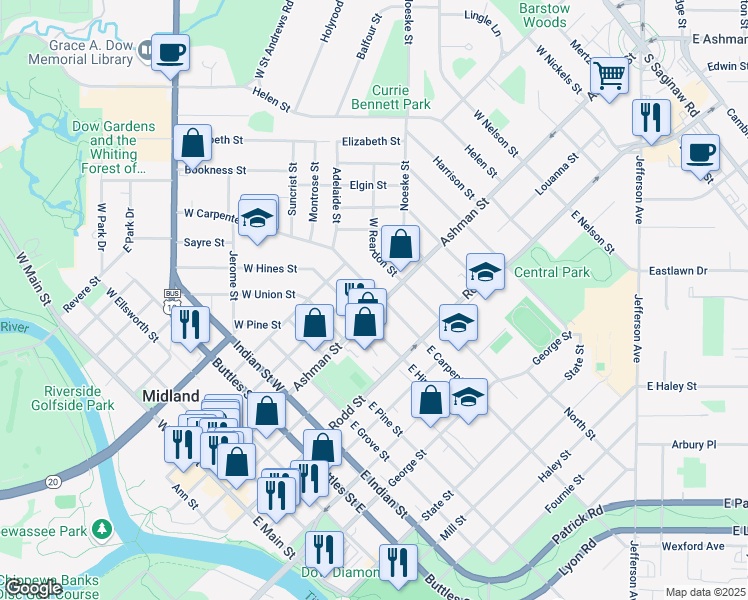 map of restaurants, bars, coffee shops, grocery stores, and more near 1015 Ashman Street in Midland