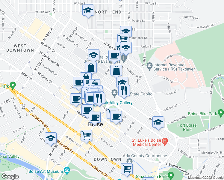 map of restaurants, bars, coffee shops, grocery stores, and more near 714 West State Street in Boise