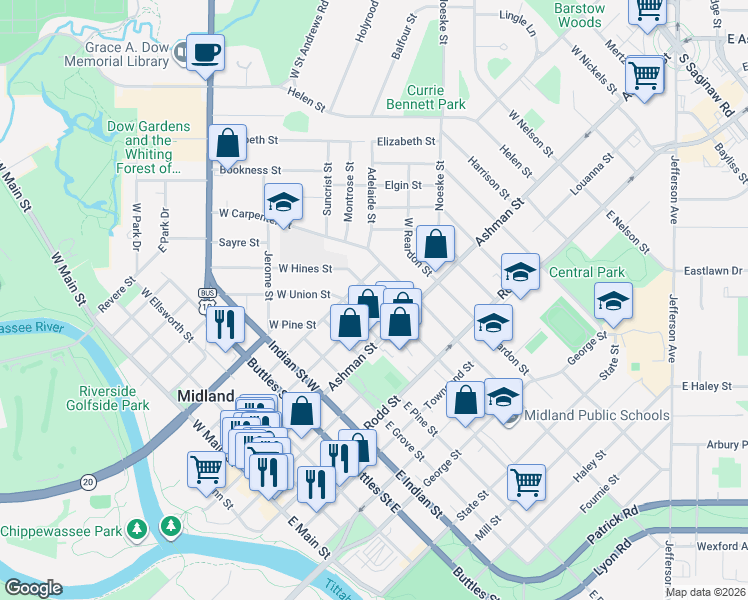 map of restaurants, bars, coffee shops, grocery stores, and more near 815 Gordon Street in Midland