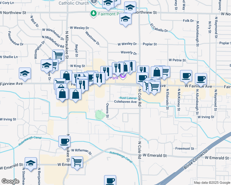 map of restaurants, bars, coffee shops, grocery stores, and more near 7654 West Opohonga Lane in Boise