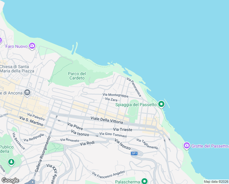 map of restaurants, bars, coffee shops, grocery stores, and more near 22 Via Montegrappa in Ancona