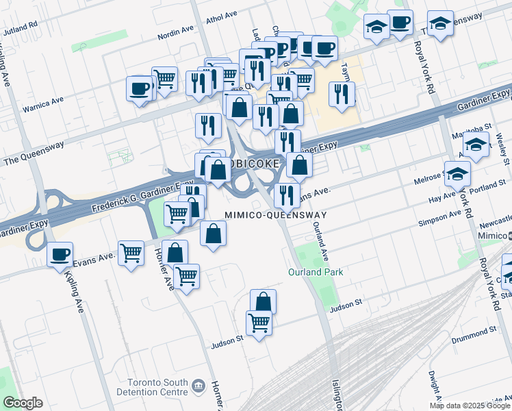 map of restaurants, bars, coffee shops, grocery stores, and more near in Toronto