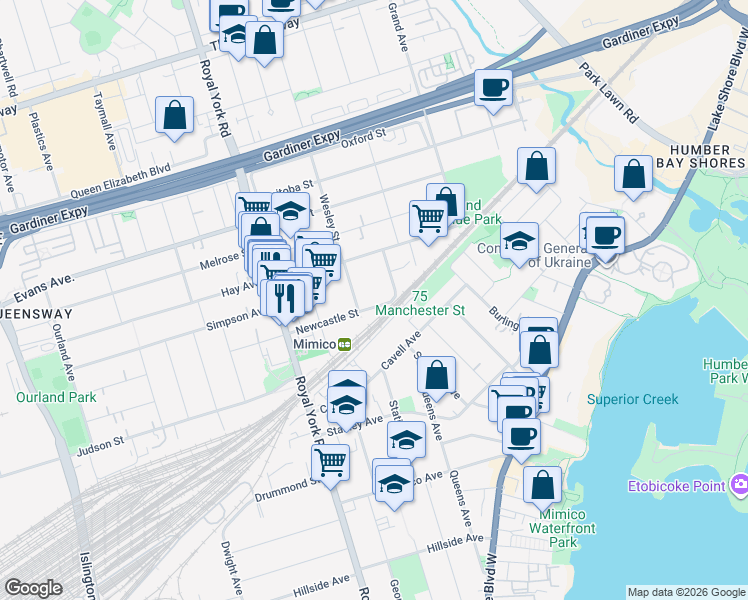 map of restaurants, bars, coffee shops, grocery stores, and more near in Toronto
