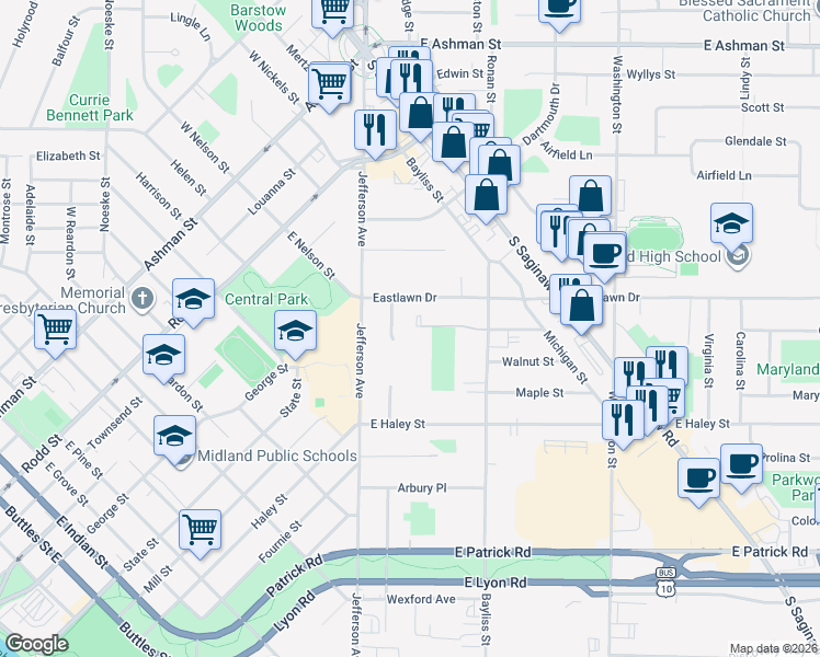 map of restaurants, bars, coffee shops, grocery stores, and more near 225 Cherryview Drive in Midland