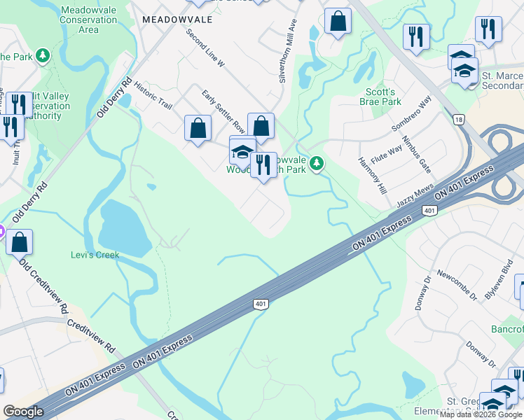 map of restaurants, bars, coffee shops, grocery stores, and more near 1133 Hickory Hollow Glen in Mississauga