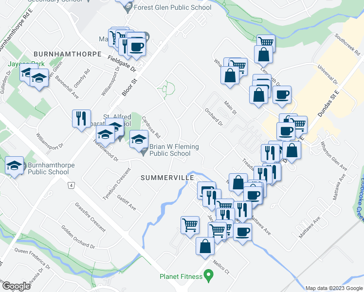 map of restaurants, bars, coffee shops, grocery stores, and more near 3191 Fieldgate Drive in Mississauga