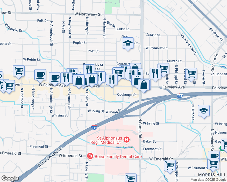 map of restaurants, bars, coffee shops, grocery stores, and more near 6103 West Fairview Avenue in Boise