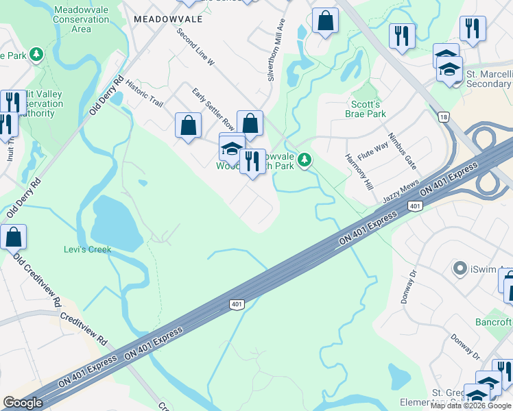 map of restaurants, bars, coffee shops, grocery stores, and more near 1122 Hickory Hollow Glen in Mississauga