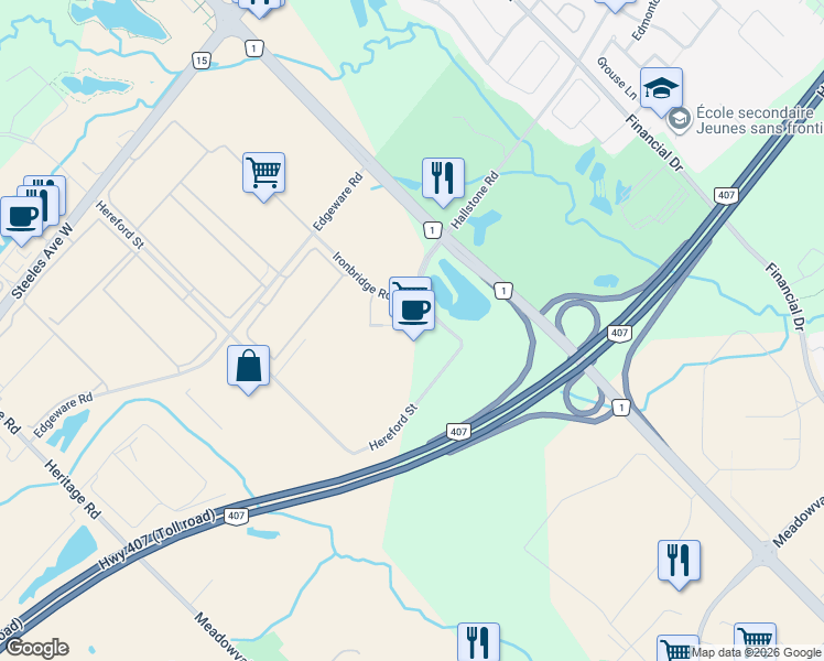 map of restaurants, bars, coffee shops, grocery stores, and more near 1 Presidents Choice Circle in Brampton