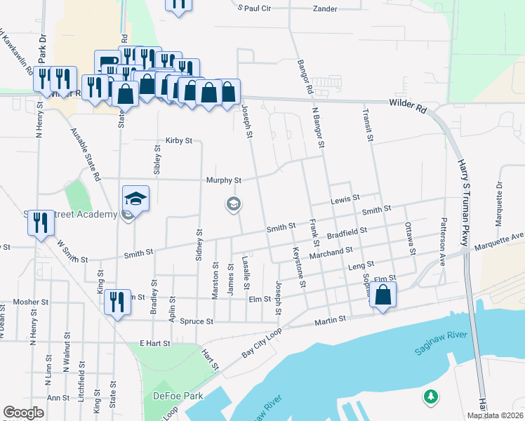 map of restaurants, bars, coffee shops, grocery stores, and more near 600 Joseph Street in Bay City