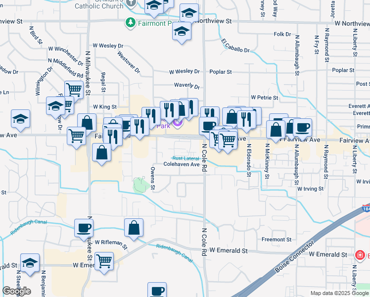 map of restaurants, bars, coffee shops, grocery stores, and more near 7415 West Fairview Avenue in Boise