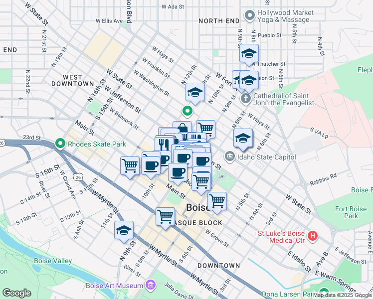 map of restaurants, bars, coffee shops, grocery stores, and more near 911 West Jefferson Street in Boise