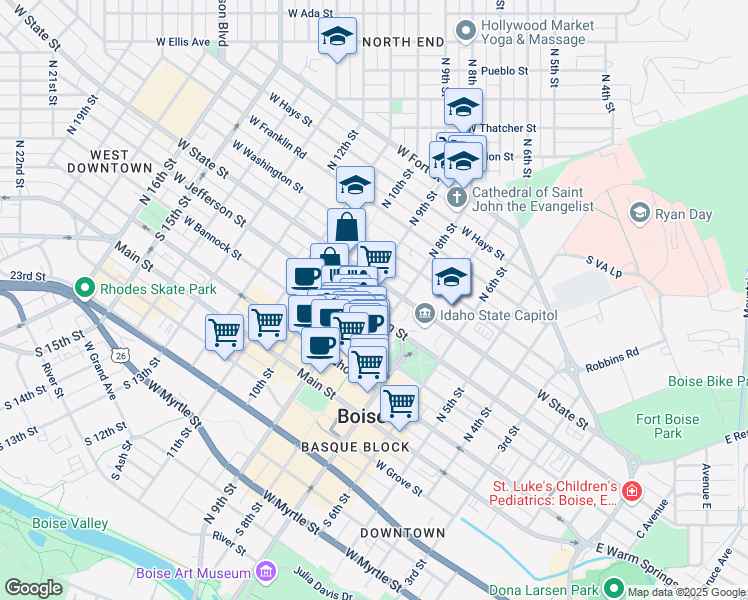 map of restaurants, bars, coffee shops, grocery stores, and more near 820 West Jefferson Street in Boise