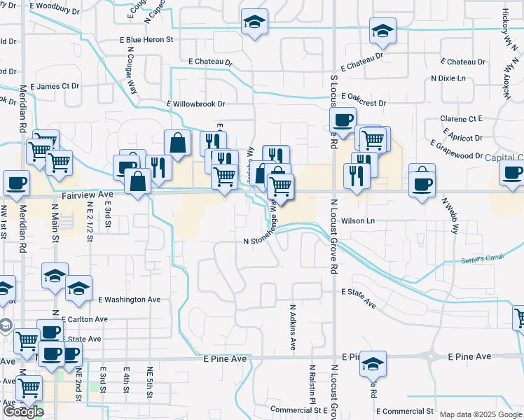 map of restaurants, bars, coffee shops, grocery stores, and more near 1596 North Penrith Avenue in Meridian