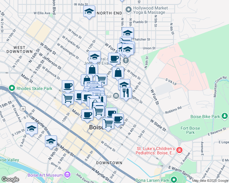 map of restaurants, bars, coffee shops, grocery stores, and more near 714 West State Street in Boise