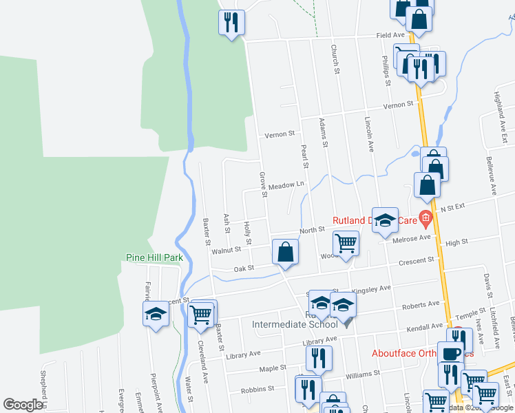 map of restaurants, bars, coffee shops, grocery stores, and more near 191 Grove Street in Rutland