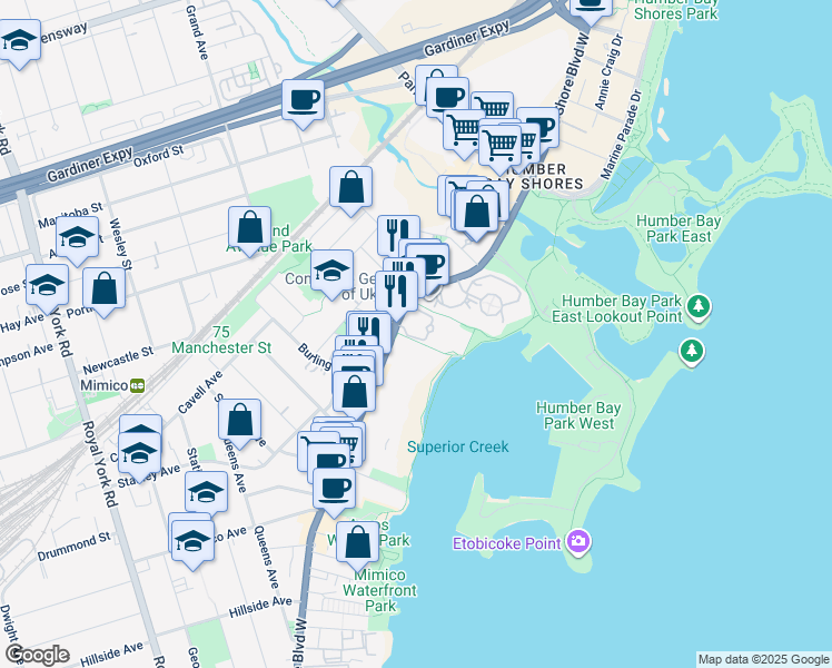 map of restaurants, bars, coffee shops, grocery stores, and more near 2289 Lake Shore Boulevard West in Toronto