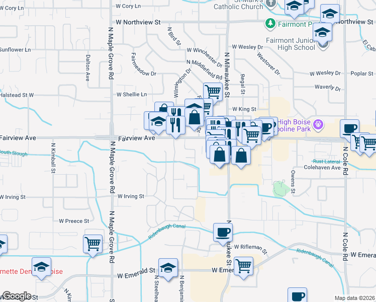 map of restaurants, bars, coffee shops, grocery stores, and more near 8417 West Fairview Avenue in Boise