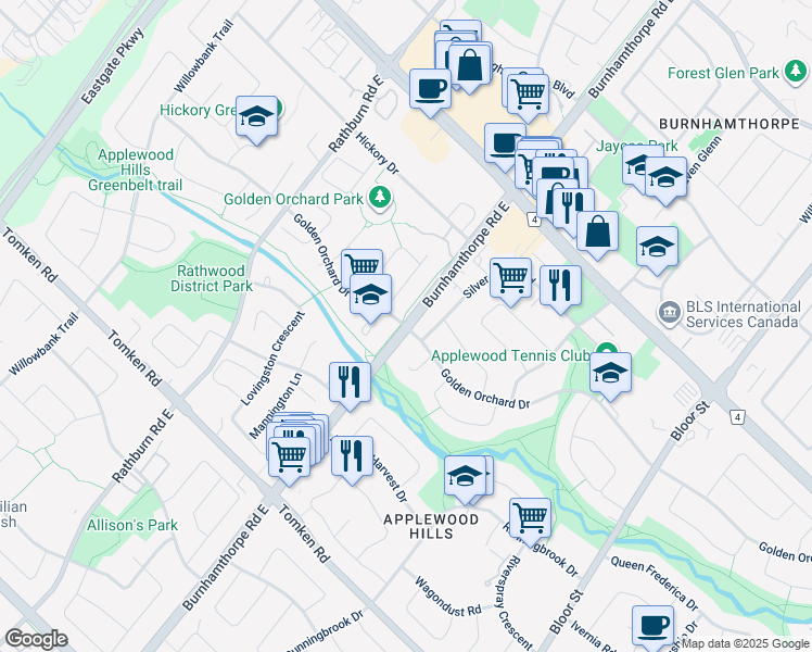 map of restaurants, bars, coffee shops, grocery stores, and more near 1145 Burnhamthorpe Road East in Mississauga