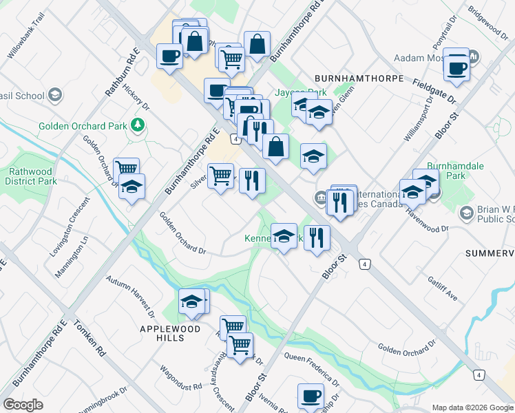 map of restaurants, bars, coffee shops, grocery stores, and more near 1370 Silver Spear Road in Mississauga