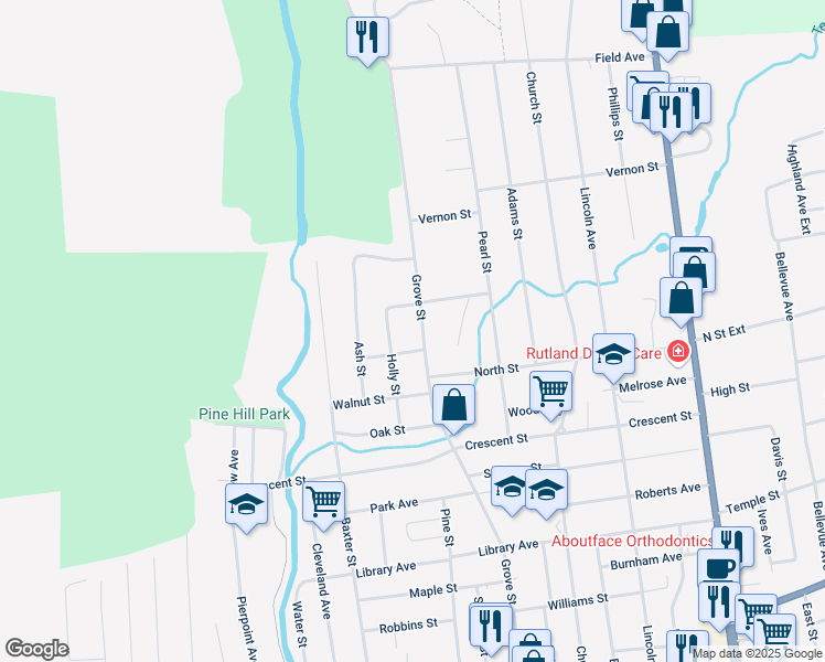 map of restaurants, bars, coffee shops, grocery stores, and more near 191 Grove Street in Rutland
