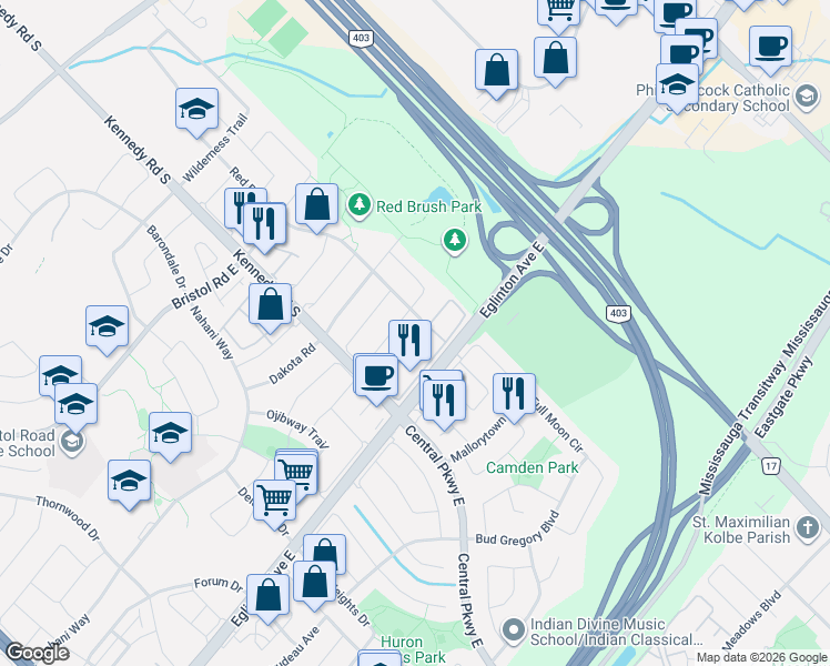 map of restaurants, bars, coffee shops, grocery stores, and more near 590 Candlestick Circle in Mississauga