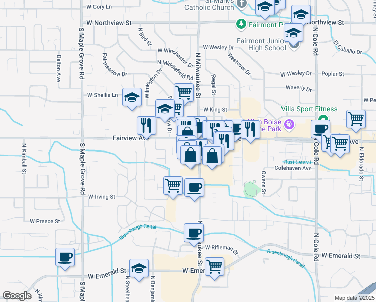 map of restaurants, bars, coffee shops, grocery stores, and more near 1533 North Milwaukee Street in Boise