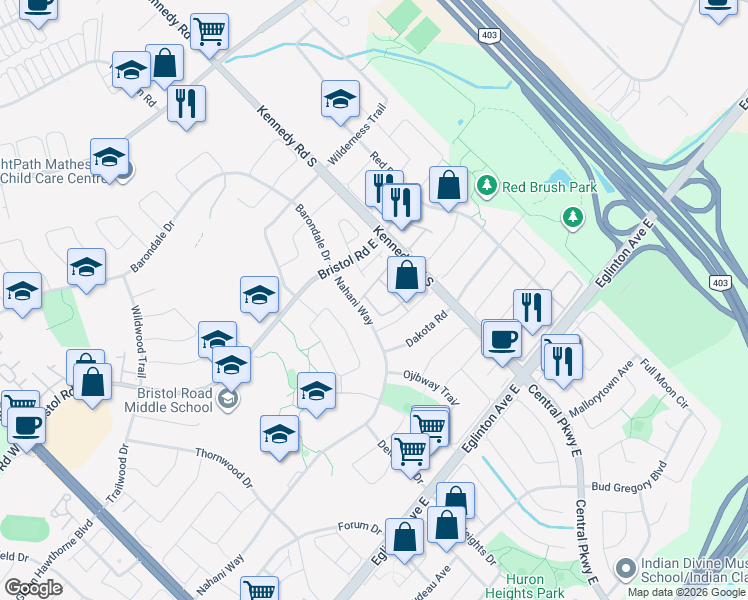 map of restaurants, bars, coffee shops, grocery stores, and more near 455 Apache Court in Mississauga