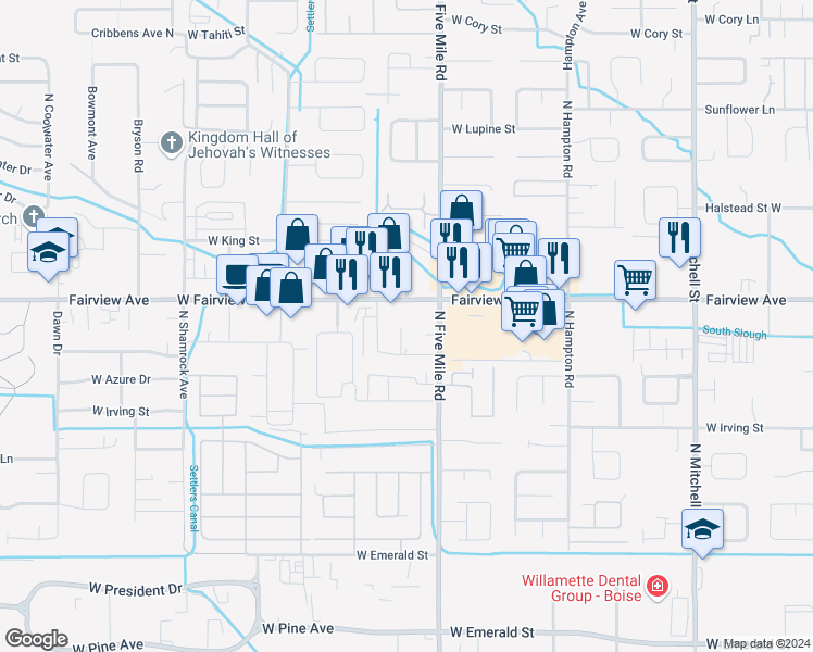 map of restaurants, bars, coffee shops, grocery stores, and more near 1495 Travis Place in Boise