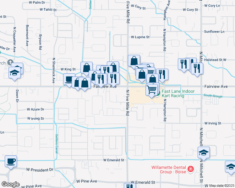 map of restaurants, bars, coffee shops, grocery stores, and more near 1495 Travis Place in Boise