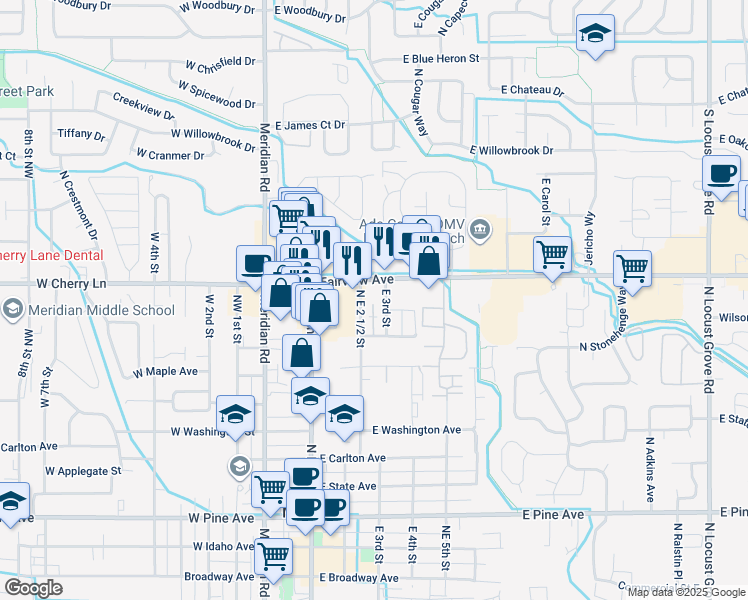 map of restaurants, bars, coffee shops, grocery stores, and more near 328 Gruber Avenue in Meridian