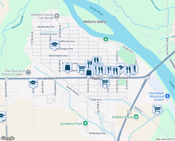map of restaurants, bars, coffee shops, grocery stores, and more near 6 West Idaho Avenue in Homedale