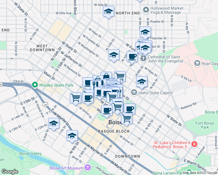 map of restaurants, bars, coffee shops, grocery stores, and more near 915 West Jefferson Street in Boise