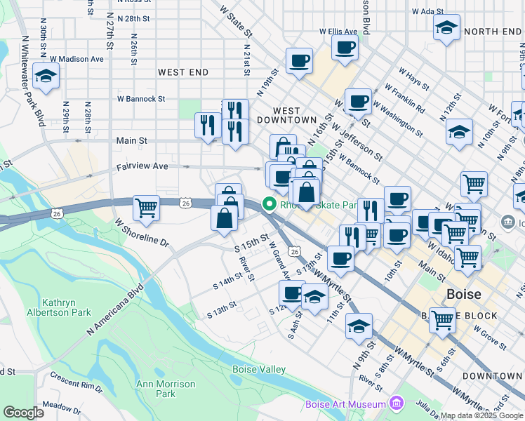 map of restaurants, bars, coffee shops, grocery stores, and more near 1555 West Front Street in Boise