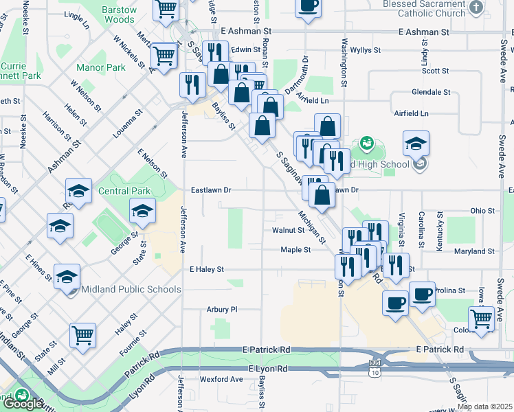 map of restaurants, bars, coffee shops, grocery stores, and more near 413 Cherry Street in Midland
