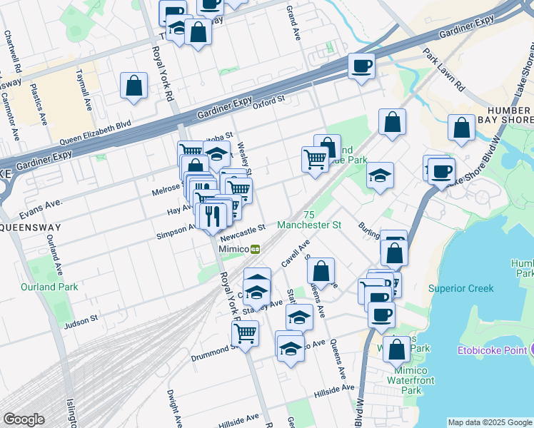map of restaurants, bars, coffee shops, grocery stores, and more near 23 Buckingham Street in Toronto