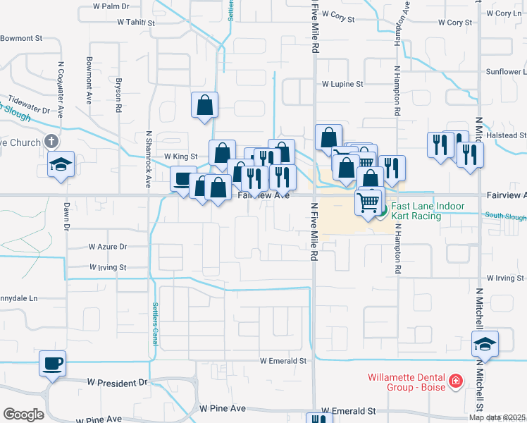map of restaurants, bars, coffee shops, grocery stores, and more near 1509 Sunrise Manor Way in Boise