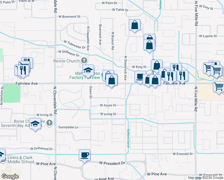 map of restaurants, bars, coffee shops, grocery stores, and more near 11501 West Fairview Avenue in Boise