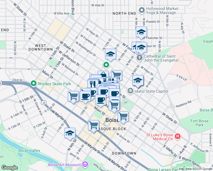 map of restaurants, bars, coffee shops, grocery stores, and more near 911 W Jefferson St in Boise