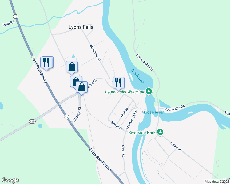 map of restaurants, bars, coffee shops, grocery stores, and more near 3859 Fulton St in Lyons Falls
