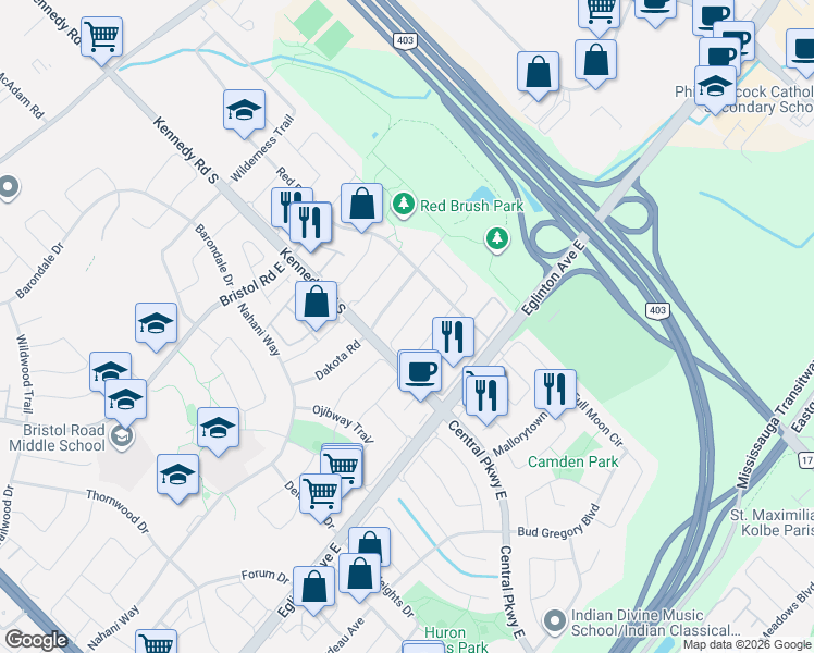map of restaurants, bars, coffee shops, grocery stores, and more near 552 Feathergrass Crescent in Mississauga