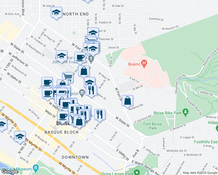 map of restaurants, bars, coffee shops, grocery stores, and more near 501 West Franklin Street in Boise