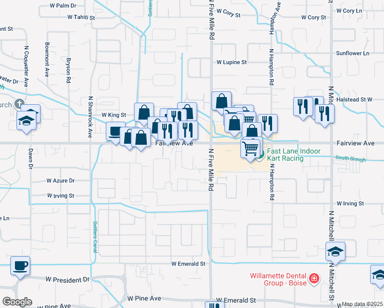 map of restaurants, bars, coffee shops, grocery stores, and more near 1495 Travis Place in Boise