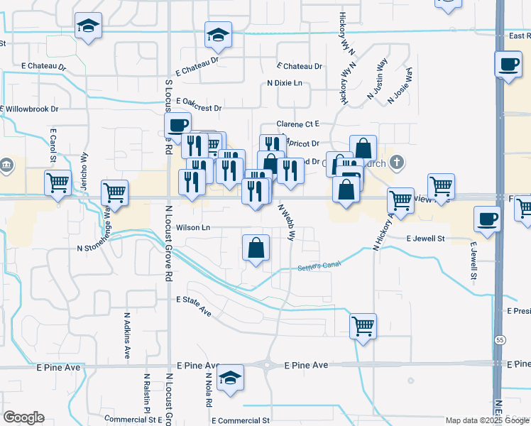 map of restaurants, bars, coffee shops, grocery stores, and more near 2065 E Fairview Ave in Meridian