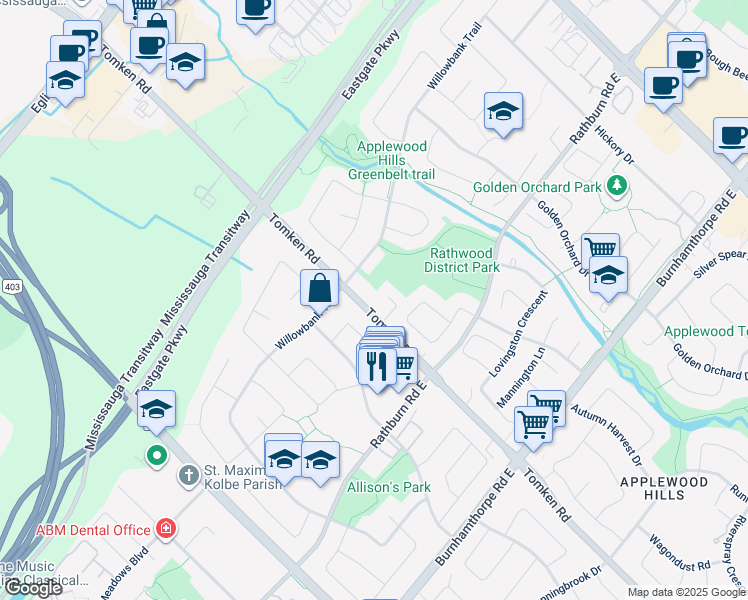 map of restaurants, bars, coffee shops, grocery stores, and more near in Mississauga