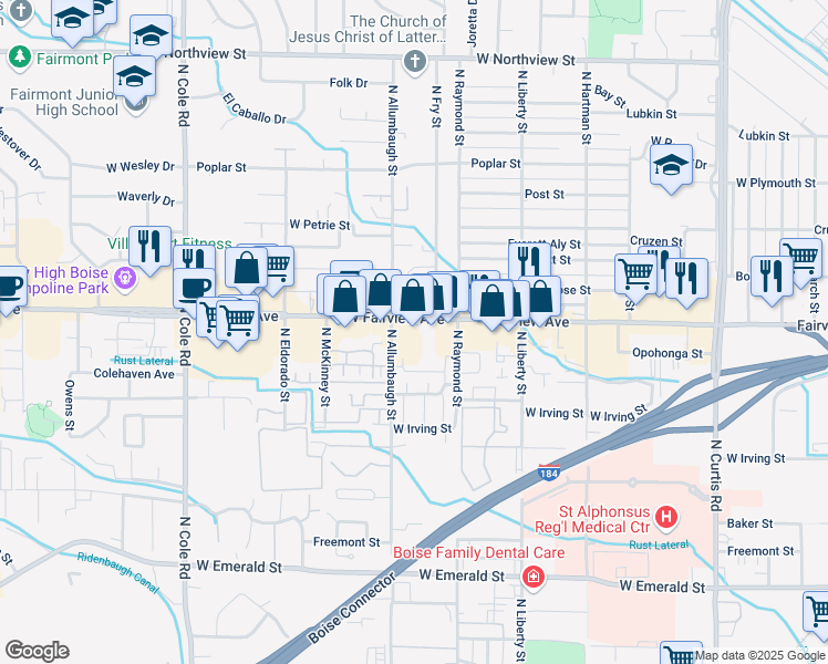 map of restaurants, bars, coffee shops, grocery stores, and more near 6713 West Fairview Avenue in Boise