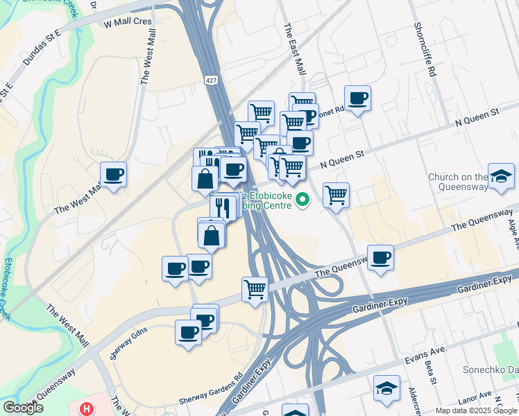 map of restaurants, bars, coffee shops, grocery stores, and more near Ontario 427 in Toronto