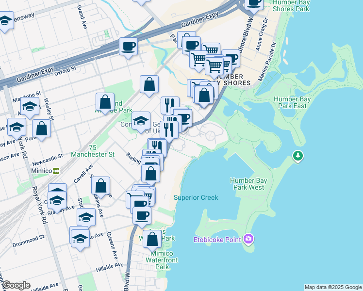 map of restaurants, bars, coffee shops, grocery stores, and more near 2285 Lake Shore Boulevard West in Toronto