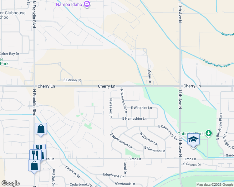 map of restaurants, bars, coffee shops, grocery stores, and more near 7433 East Wessex Court in Nampa