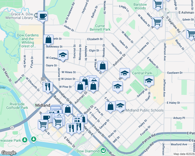 map of restaurants, bars, coffee shops, grocery stores, and more near 1015 Ashman Street in Midland